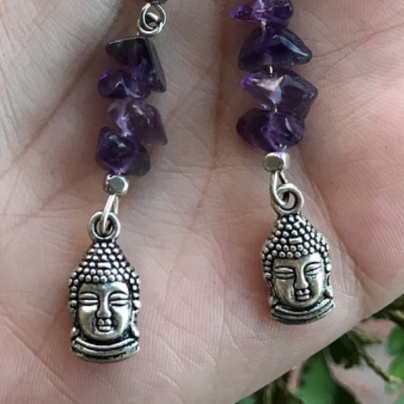 Handmade dangly earrings Amethyst chips buddha charm steel post boho gemstones - Picture 7 of 8
